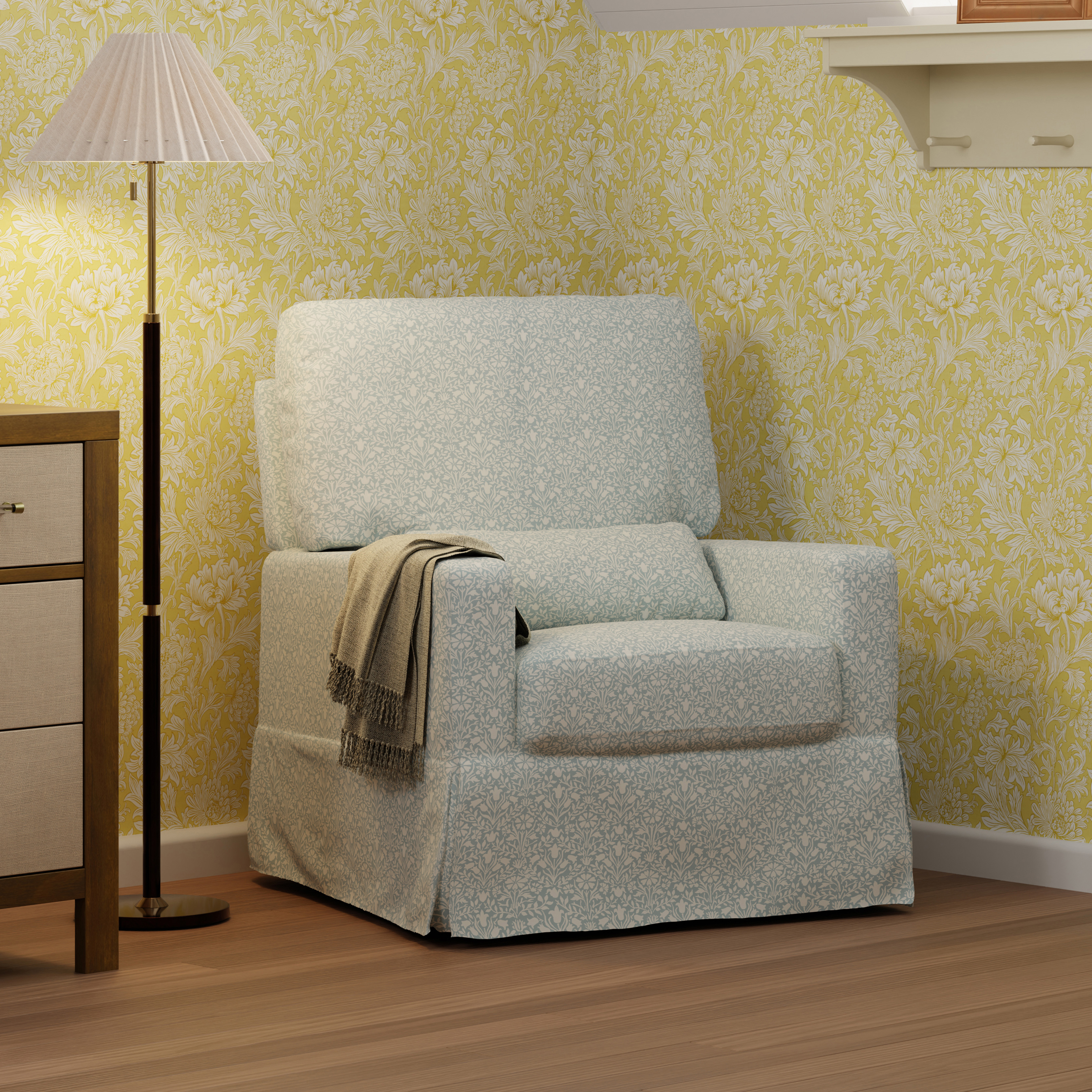 Namesake Morris & Co. x Namesake Crawford Pillowback Comfort Swivel Glider - Bellflowers In Powdered Blue Performance Eco-Weave.