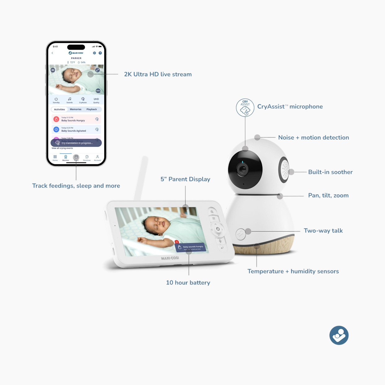 Maxi-Cosi See Pro 360 Baby Monitor - White/Wood Tone.