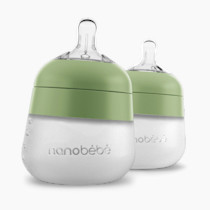 Nanobébé Flexy Silicone Baby Bottle, Anti-Colic, Natural Feel, Non-Collapsing Nipple, Non-Tip Stable Base, Easy to Clean 2-Pack, Sage, 5 oz