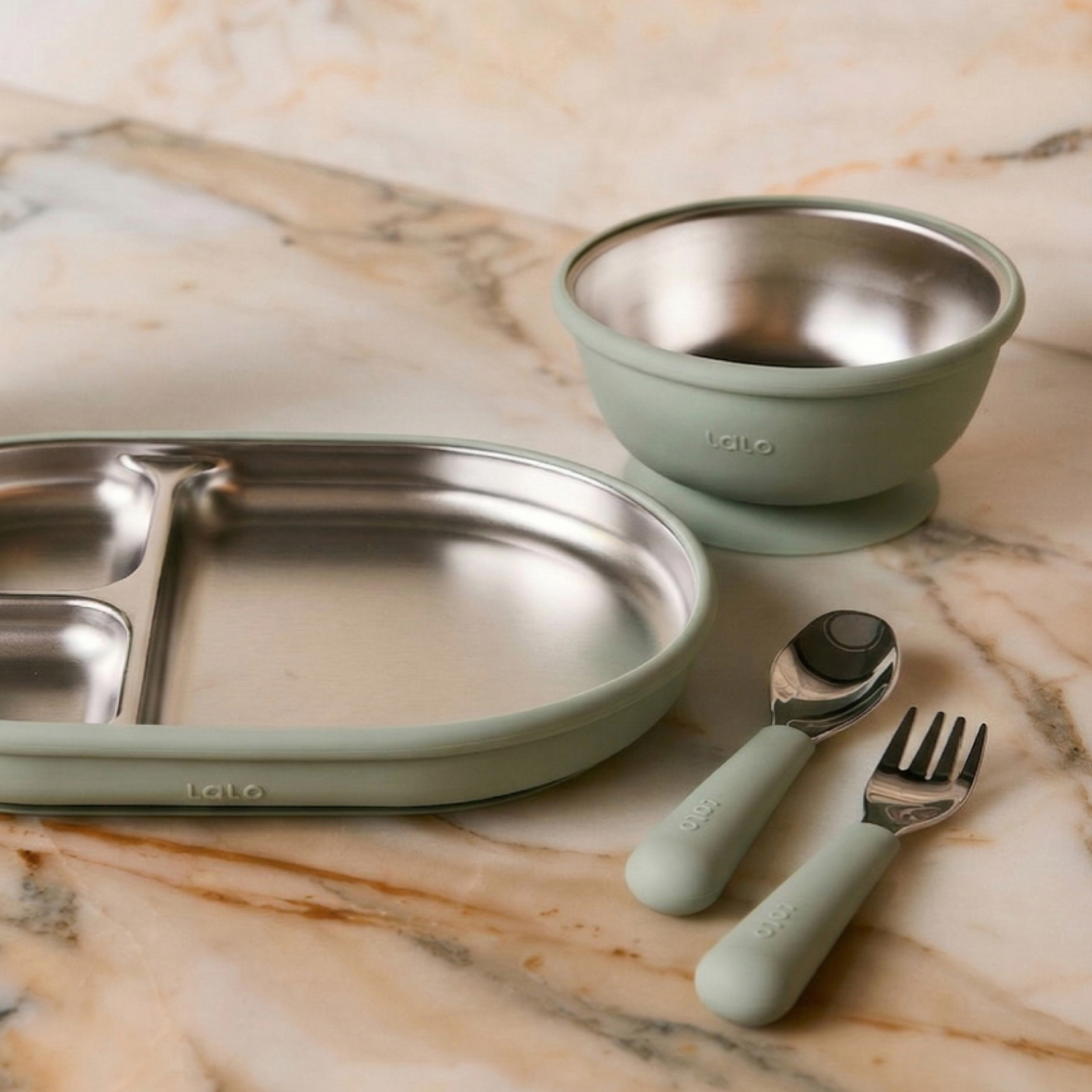 Lalo Stainless Mealtime Essentials - 4pc Set - Sage.