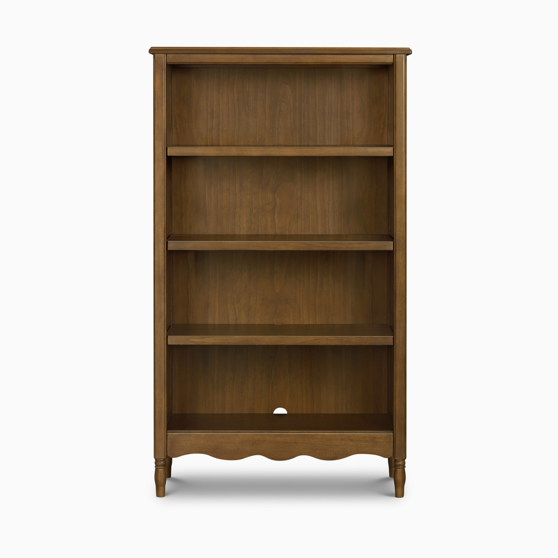 Medium brown wood bookcase with vertical wood grain texture.