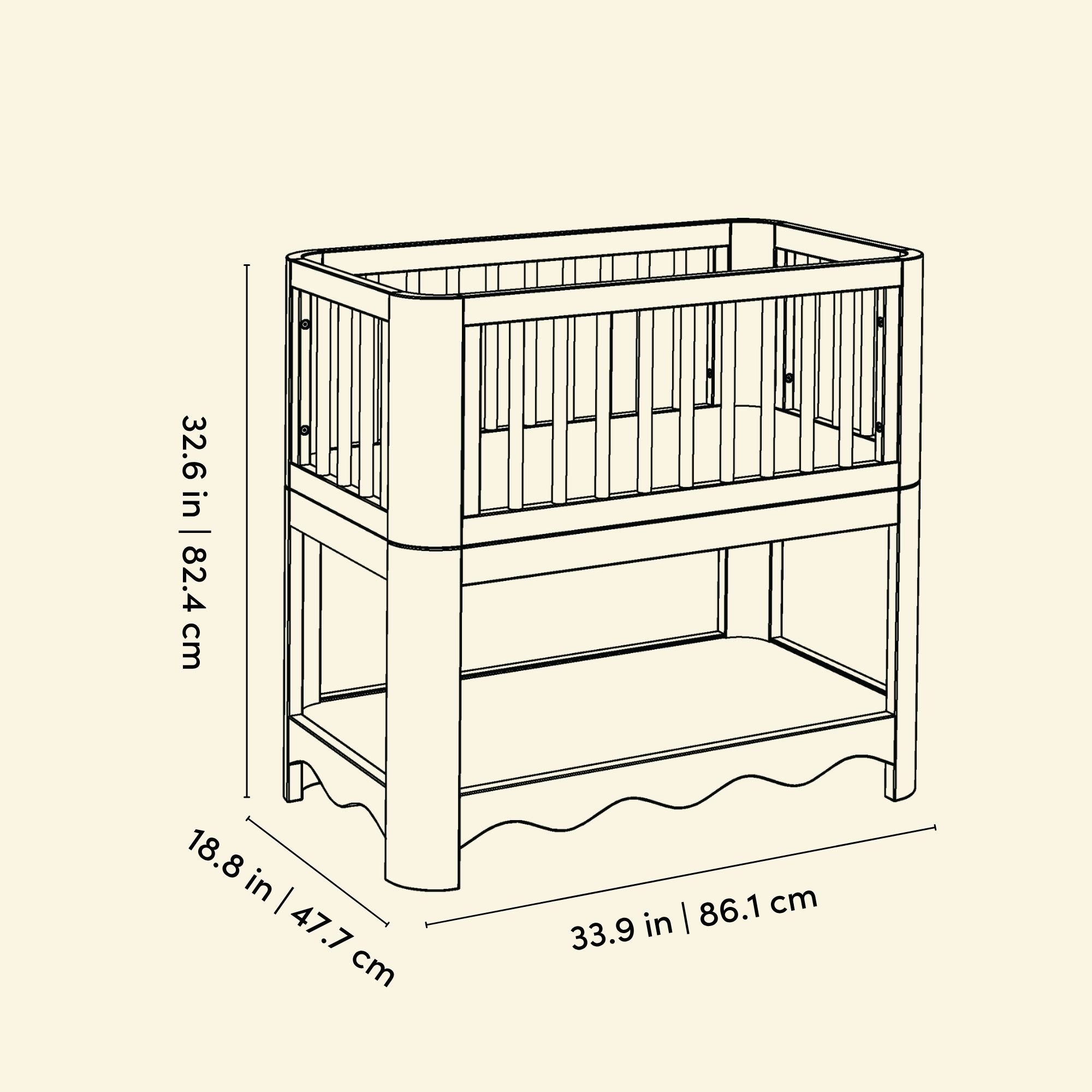 Dimensional diagram of the convertible bassinet.