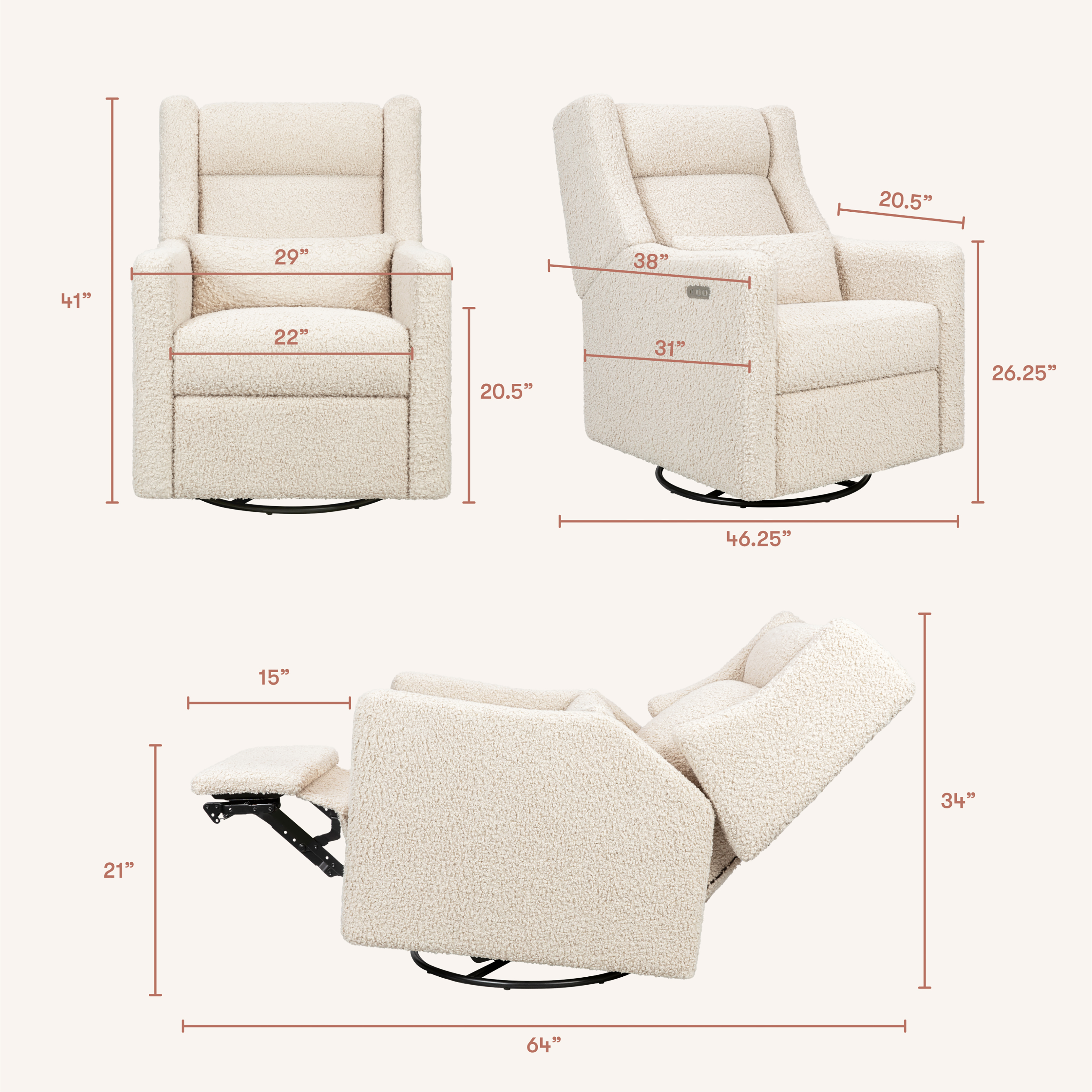 babyletto Kiwi Plus Power Recliner and Swivel Glider - Almond Teddy Loop.