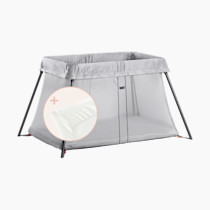 BABYBJORN Travel Crib Light - Silver + Fitted Sheet Bundle Pack ,Silver, One Size
