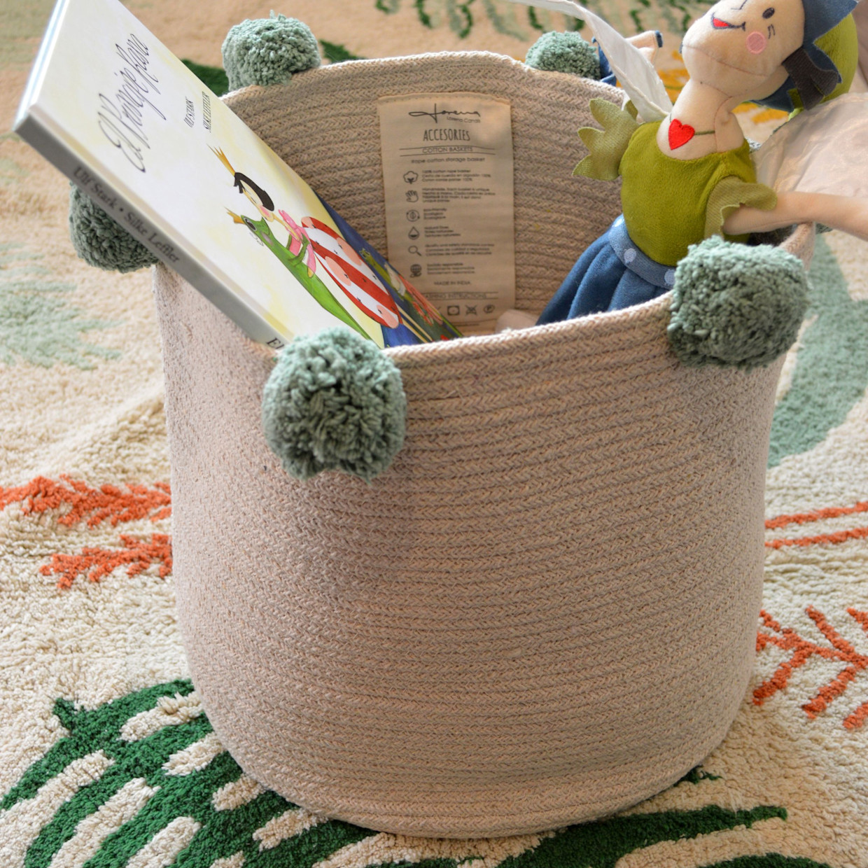 Lorena Canals Cotton Bubbly Basket - Natural/Green.