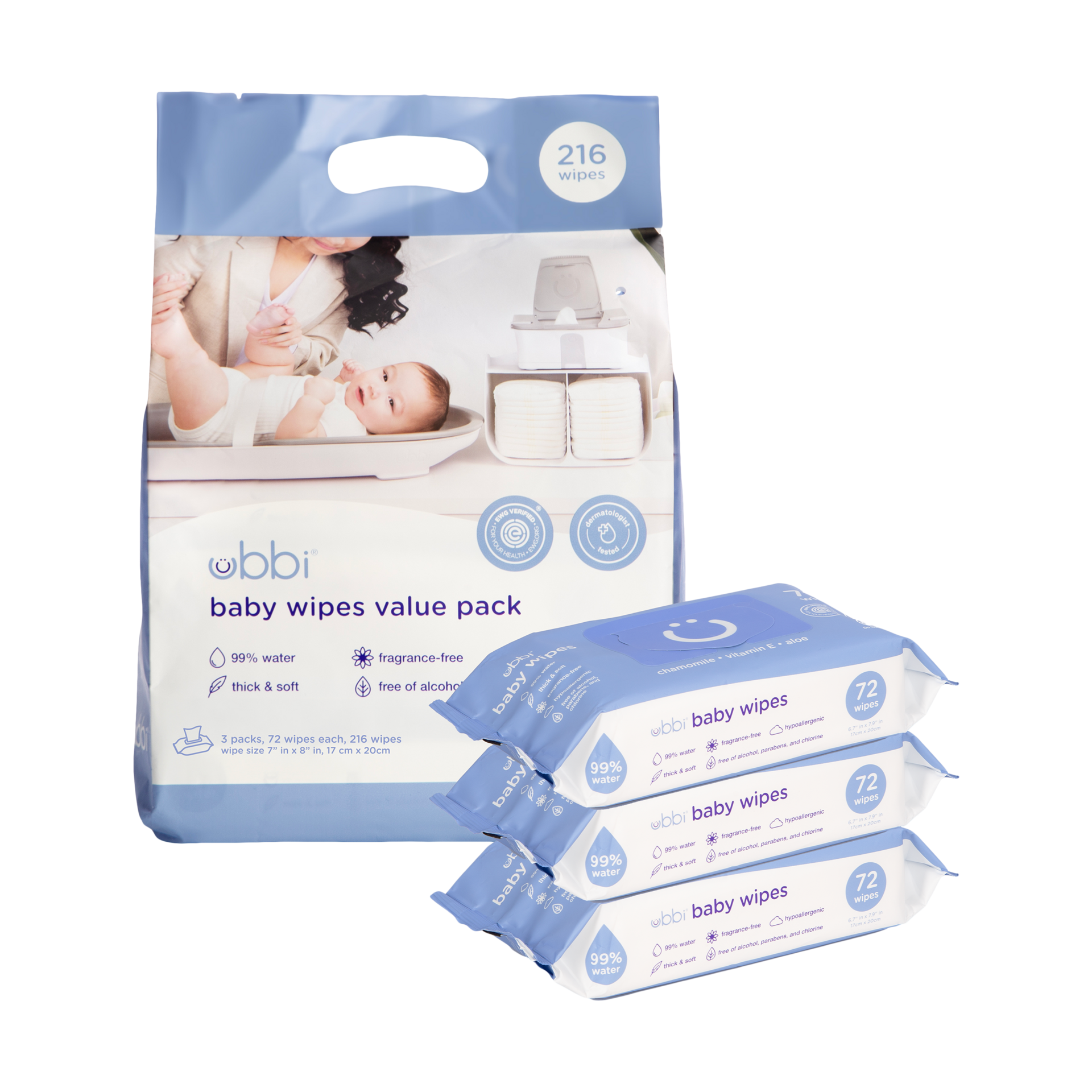 Ubbi Fragrance-Free Baby Wipes, 99% Water Based, Plant Based Wipes, Hypoallergenic for Sensitive Skin with Chamomile, Vitamin E & Aloe, EWG Verified, Value Pack, 3 Pack (216 Wipes Total)