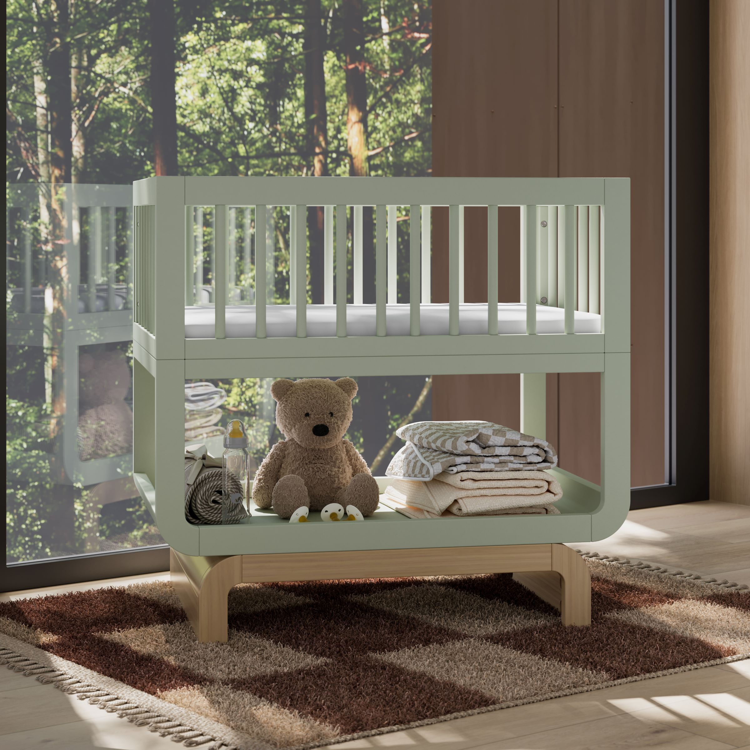 Storkcraft Santorini Deluxe 3-in-1 Convertible Bassinet - Sage With Driftwood.