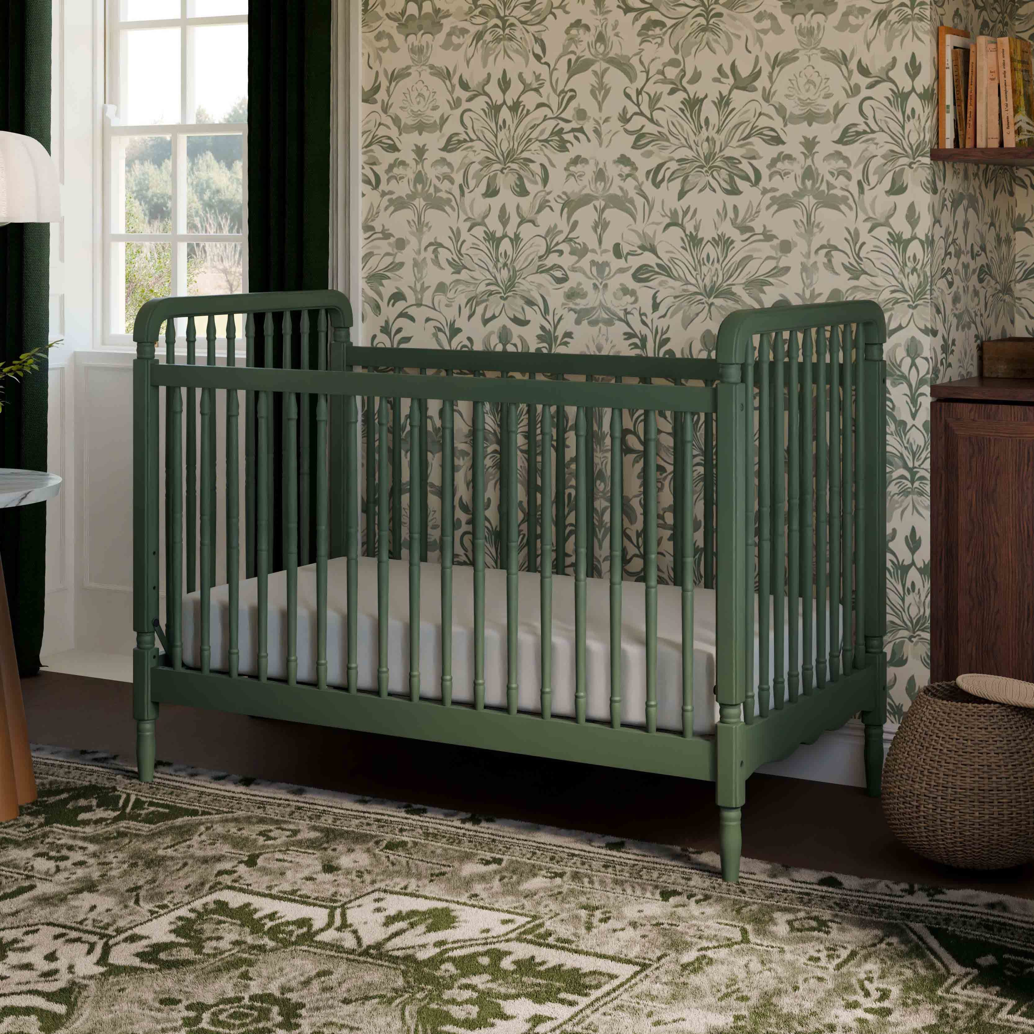 Namesake Liberty 3-in-1 Convertible Spindle Crib with Toddler Bed Conversion Kit - Forest Green.