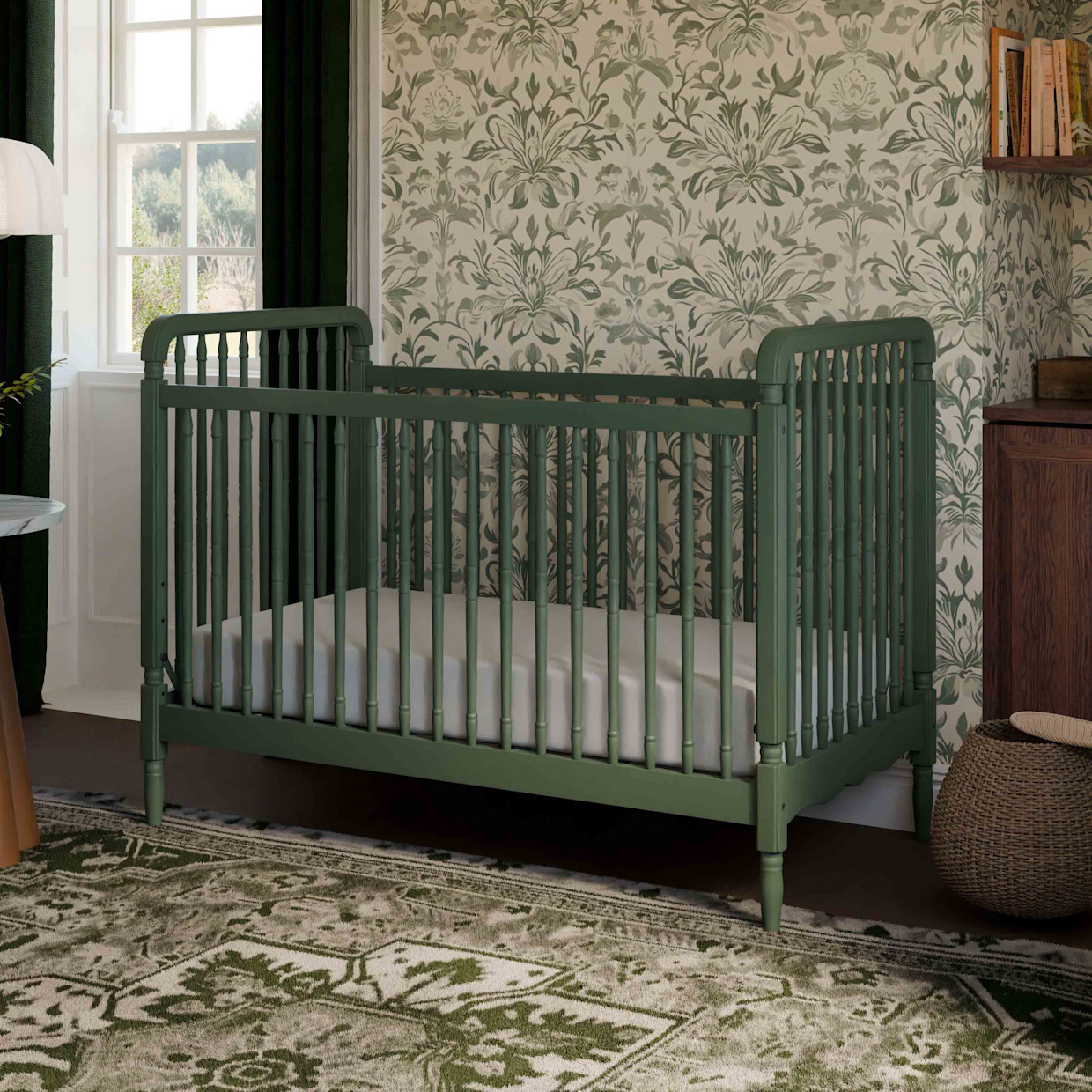 Namesake Liberty 3-in-1 Convertible Spindle Crib with Toddler Bed Conversion Kit - Forest Green.