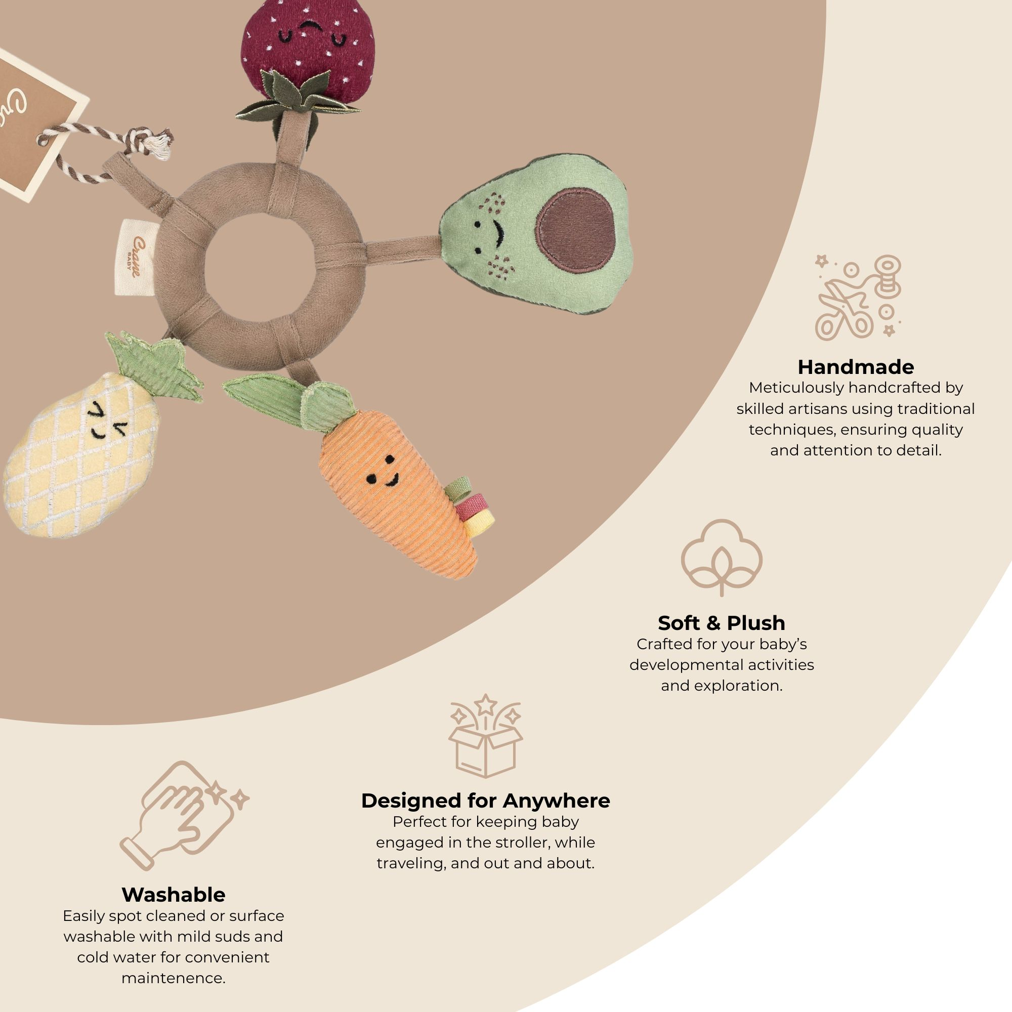 Crane Baby Soft Plush Activity Ring - Clementine Fruits & Veggies.