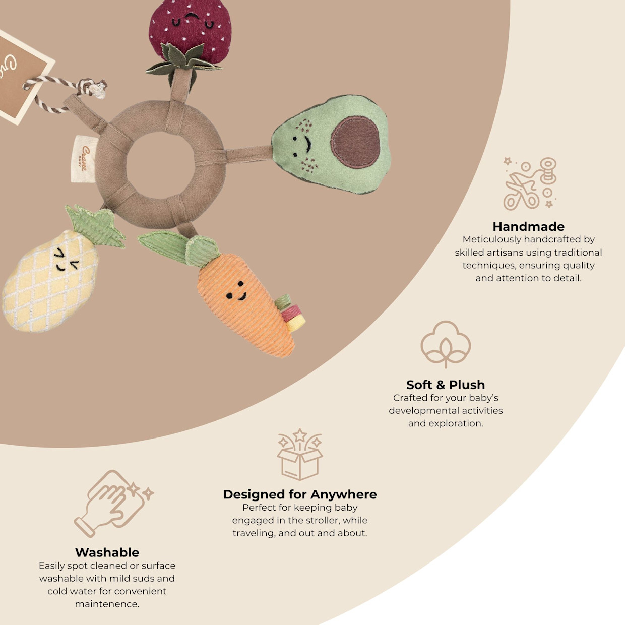 Crane Baby Soft Plush Activity Ring - Clementine Fruits & Veggies.