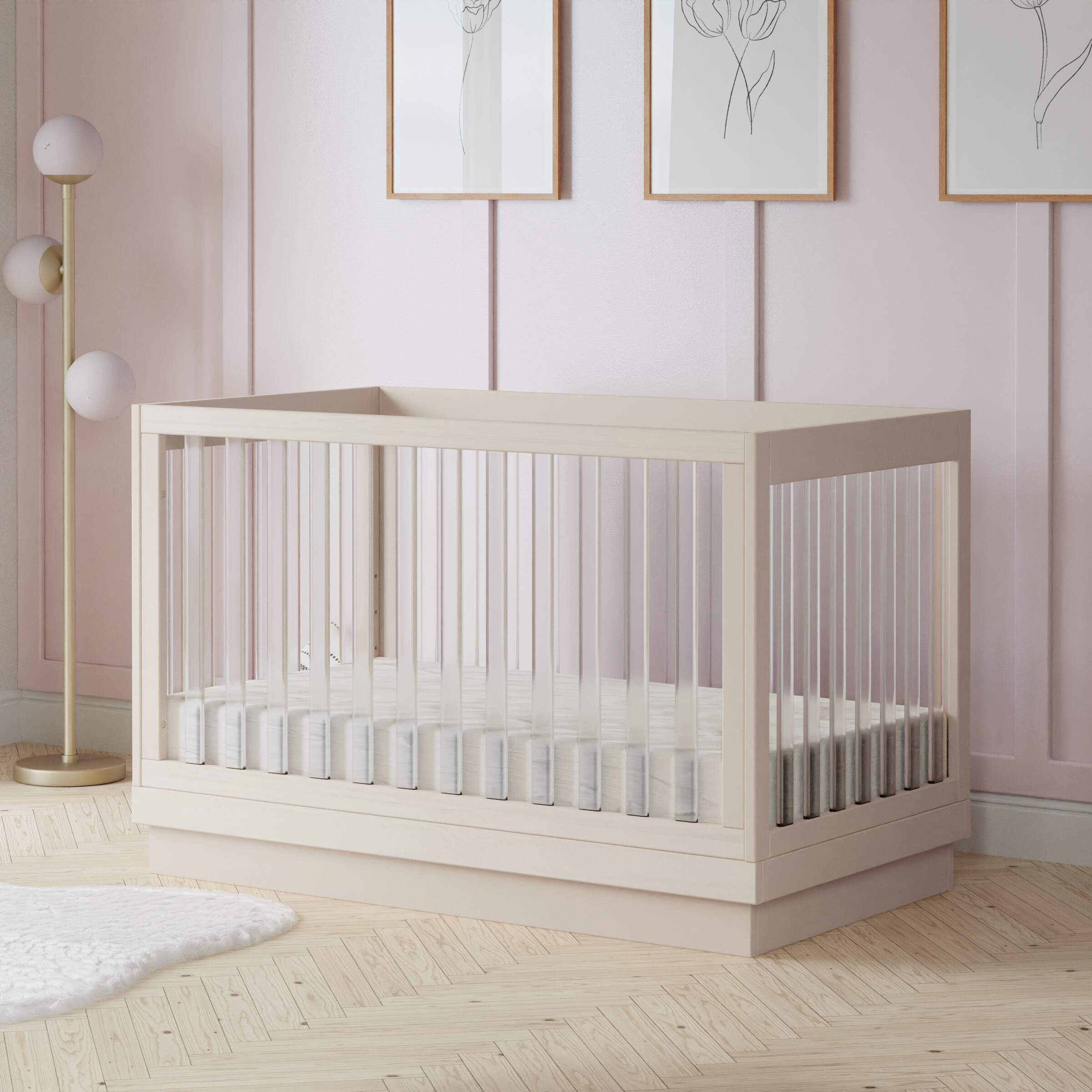 babyletto Harlow Acrylic 3-in-1 Convertible Crib with Toddler Bed Conversion Kit - Washed Natural/Acrylic.