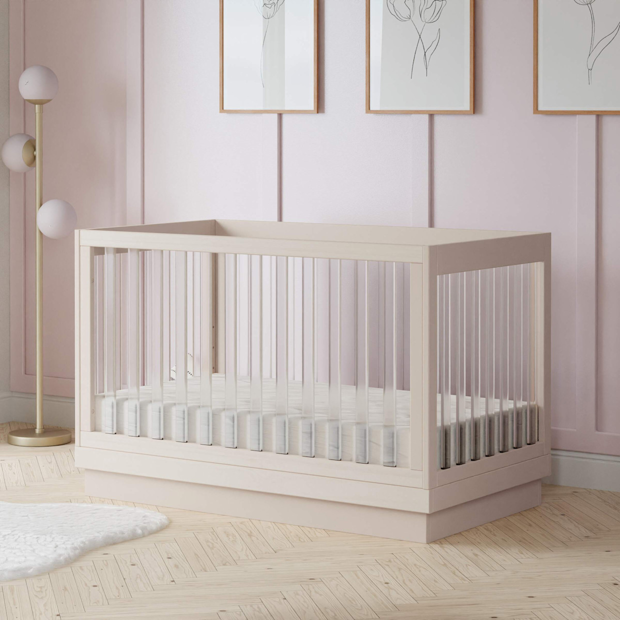 babyletto Harlow Acrylic 3-in-1 Convertible Crib with Toddler Bed Conversion Kit - Washed Natural/Acrylic.