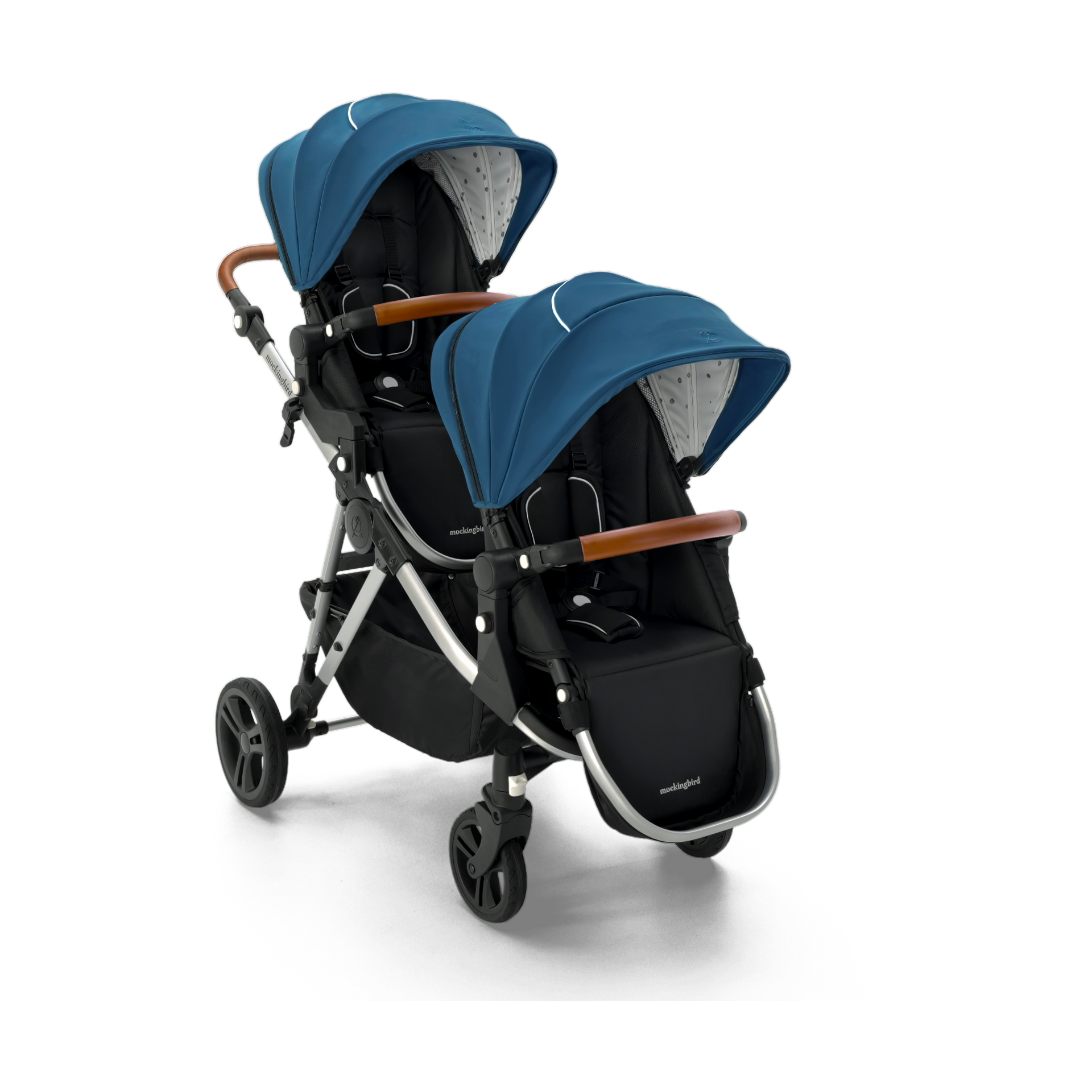 Mockingbird Single-to-Double Stroller 2.0 - Sea/Watercolor Canopy With Penny Leather.