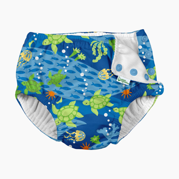 GREEN SPROUTS Snap Reusable Absorbent Swim Diaper - Royal Blue Turtle Journey, 6 Months.