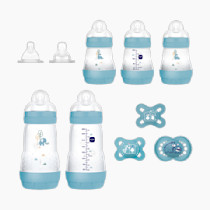 MAM Newborn Essentials Matte Feeding Set, Easy Start Anti-Colic Bottles 5oz, Self-Sterilizing, for 0-3 Months Pacifiers, Skinsoft Silicone Nipples, 10 Pieces for Boy