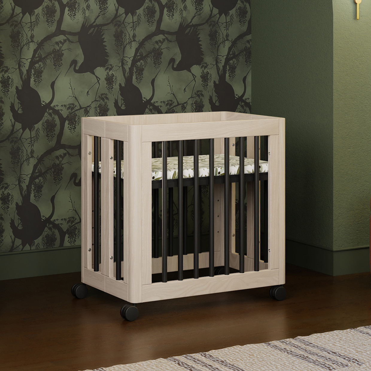 babyletto Yuzu 8-in-1 Convertible Crib with All-Stages Conversion Kits - Washed Natural / Black.