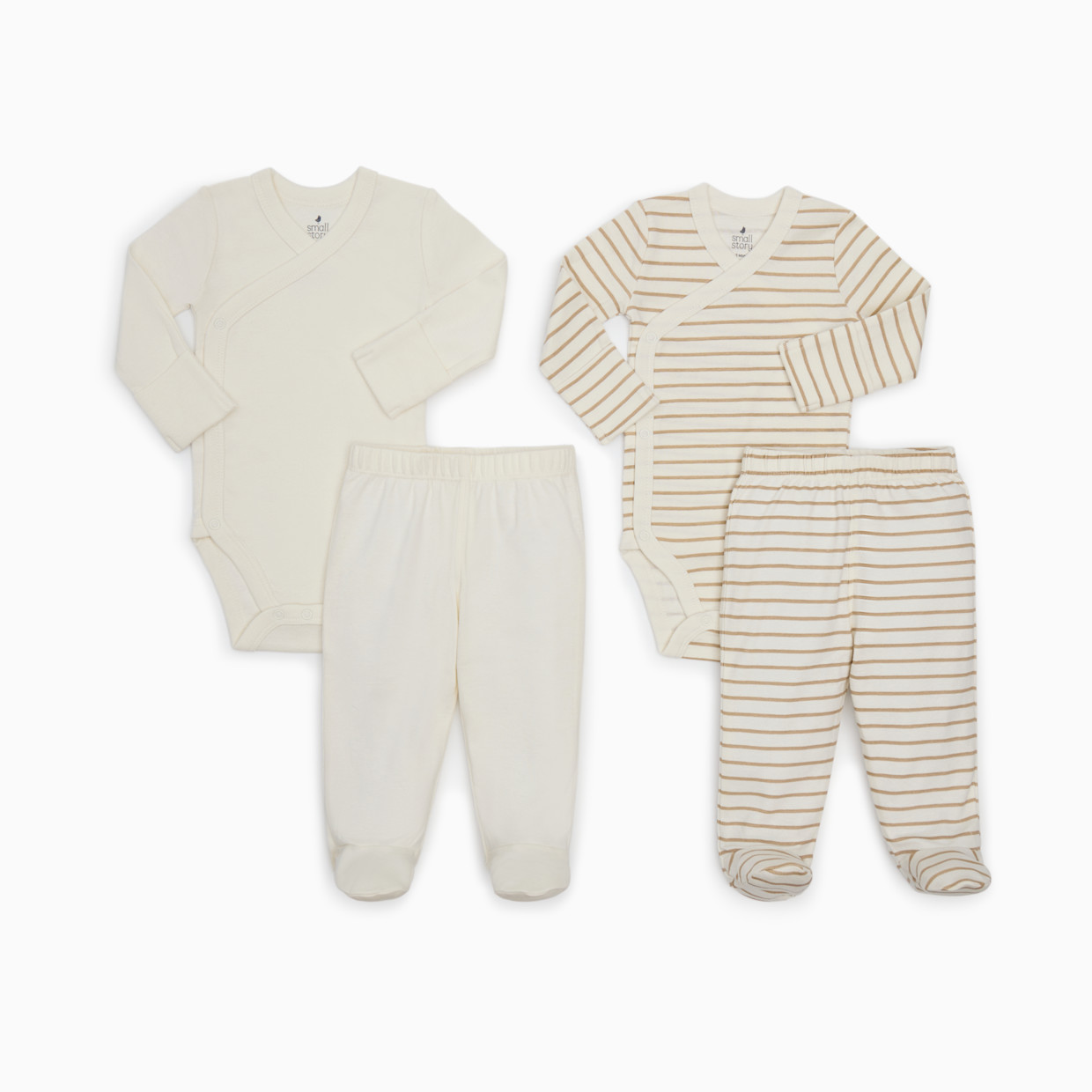 Small Story Organic Cotton Newborn 4 Piece Set - Ivory & Beige Stripe, 0-3 M.