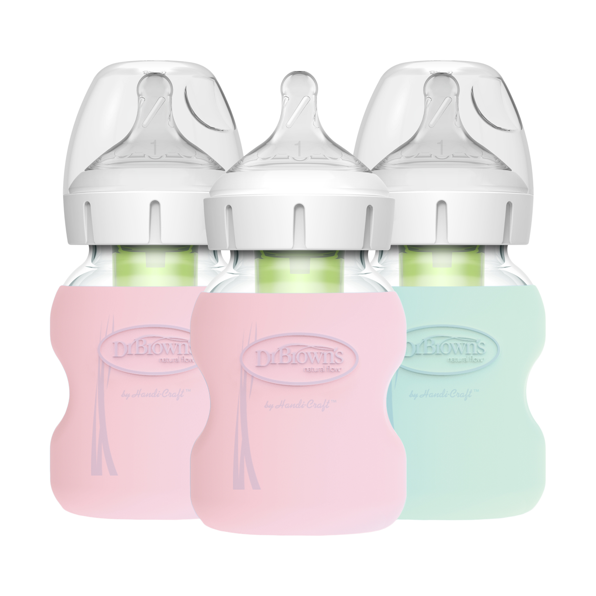 Dr. Brown's Anti-Colic Options+ Wide-Neck Glass Baby Bottle with Protective Sleeve.