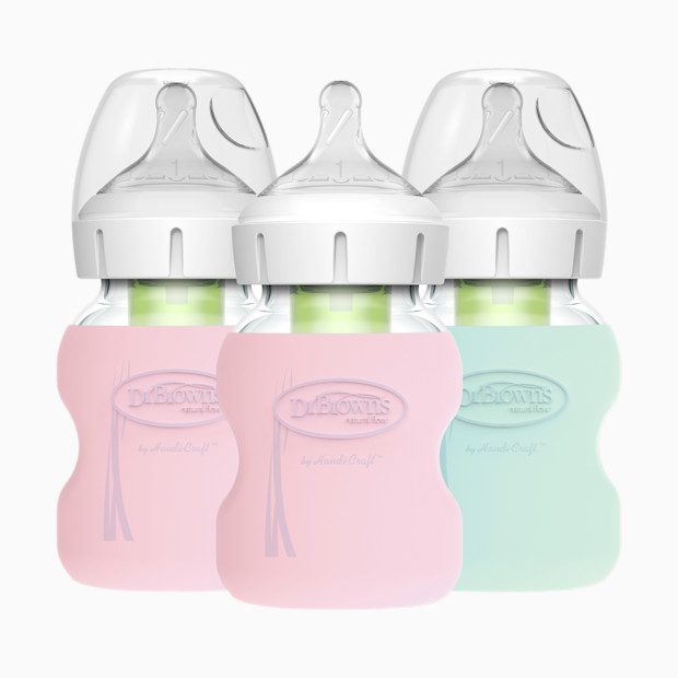 Dr. Brown's Anti-Colic Options+ Wide-Neck Glass Baby Bottle with Protective Sleeve.