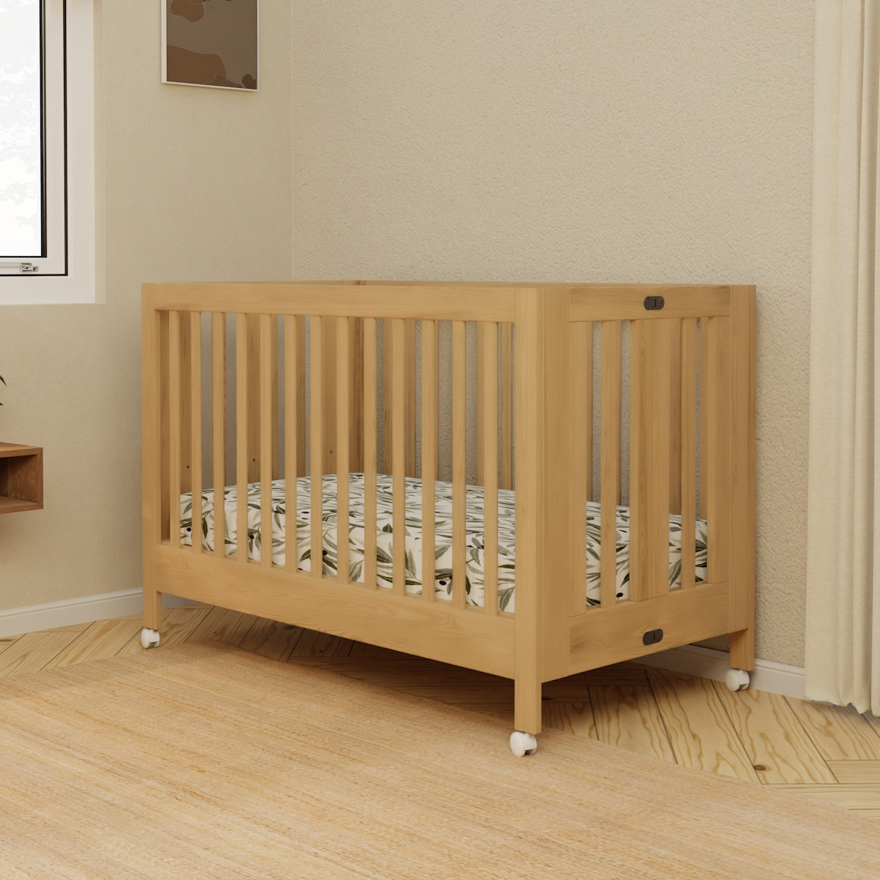 babyletto Maki Portable Folding Crib with Toddler Bed Conversion Kit - Honey.