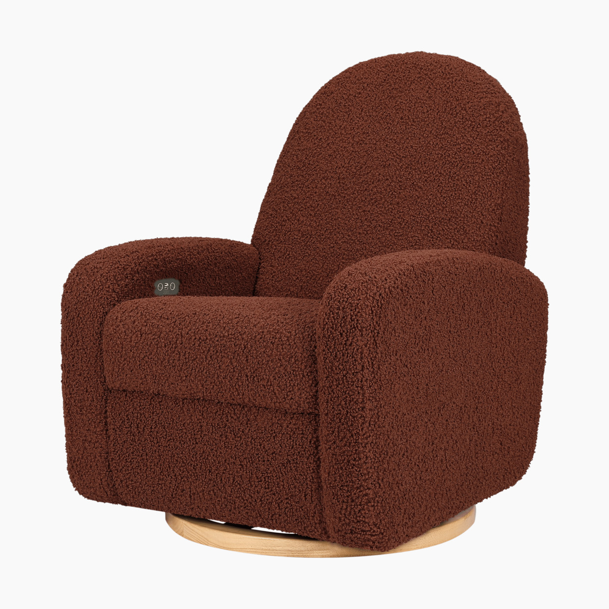 babyletto Nami Electronic Recliner and Swivel Glider - Rouge Teddy Loop With Light Wood Base.