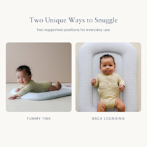 Two snuggle positions on a white lounger