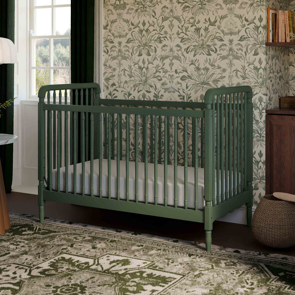 Namesake Liberty 3-in-1 Spindle Crib with Toddler Bed Conversion Kit - Forest Green.
