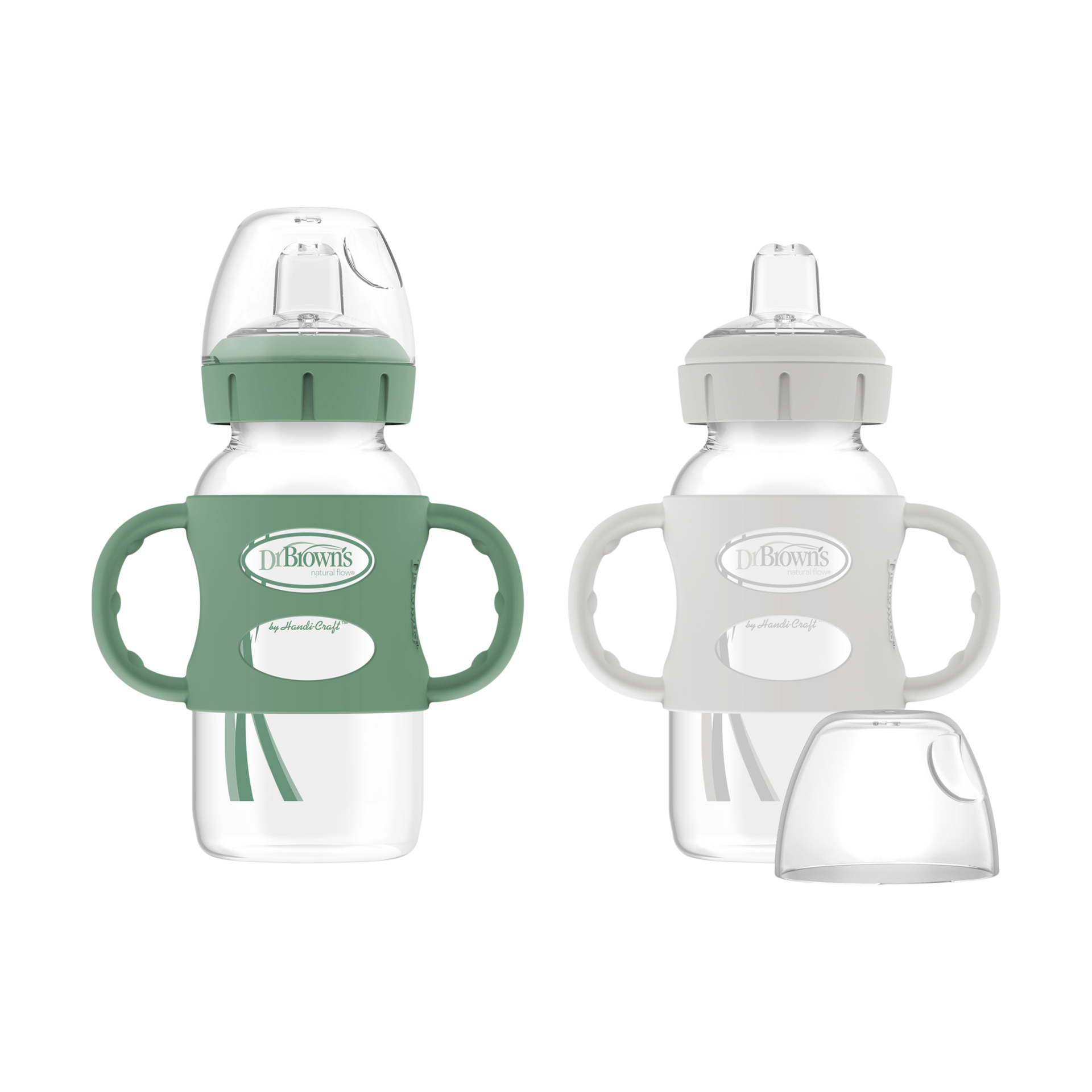 Dr. Brown's Milestones Wide-Neck Sippy Spout Bottle with 100% Silicone Handles, Easy-Grip Handles with Soft Sippy Spout, 9oz/270mL, Green & Gray, 2-Pack, 6m+