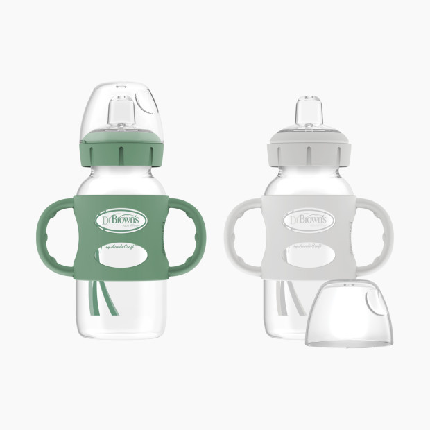 Dr. Brown's Wide-Neck SIPPY SPOUT Bottles w/ Silicone Handles (2-Pack) - Green & Grey, 9 Oz, 2.