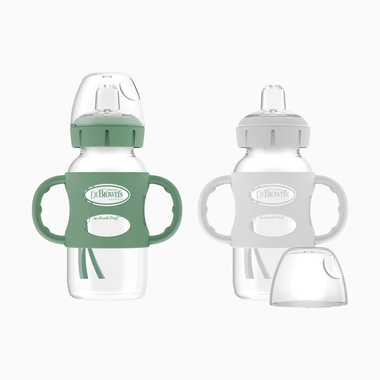Dr. Brown's Wide-Neck Sippy Spout Bottle with Silicone Handles (2 Pack) - Green & Grey, 9 Oz, 2.