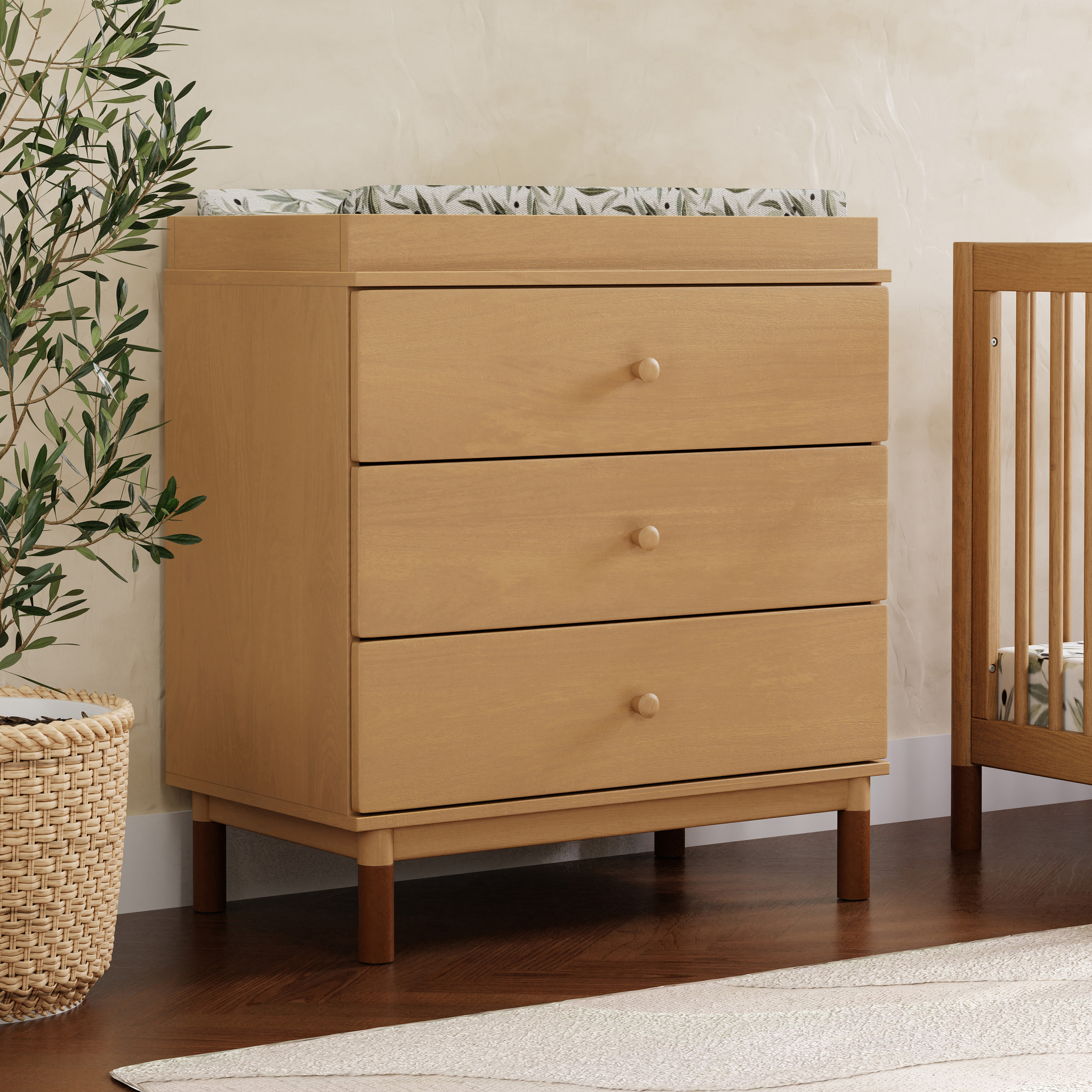 babyletto Gelato 3-Drawer Changer Dresser - Honey With Vegan Tan Leather Feet.