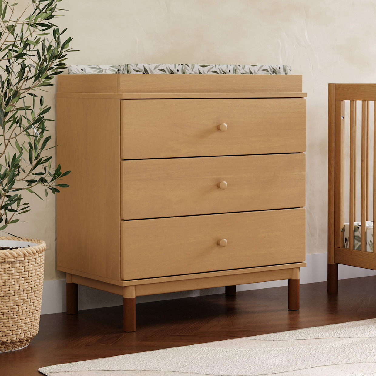 babyletto Gelato 3-Drawer Changer Dresser - Honey With Vegan Tan Leather Feet.