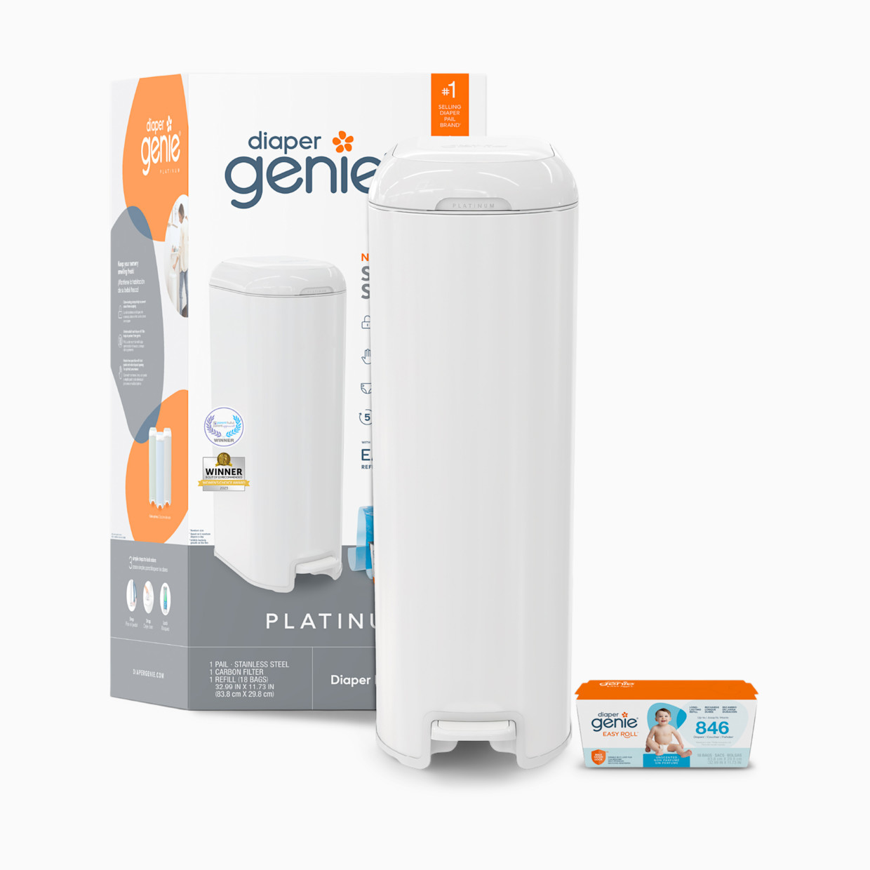 Diaper Genie Platinum Stainless Steel Diaper Pail with Easy Roll Refill Bags - White, Unscented.