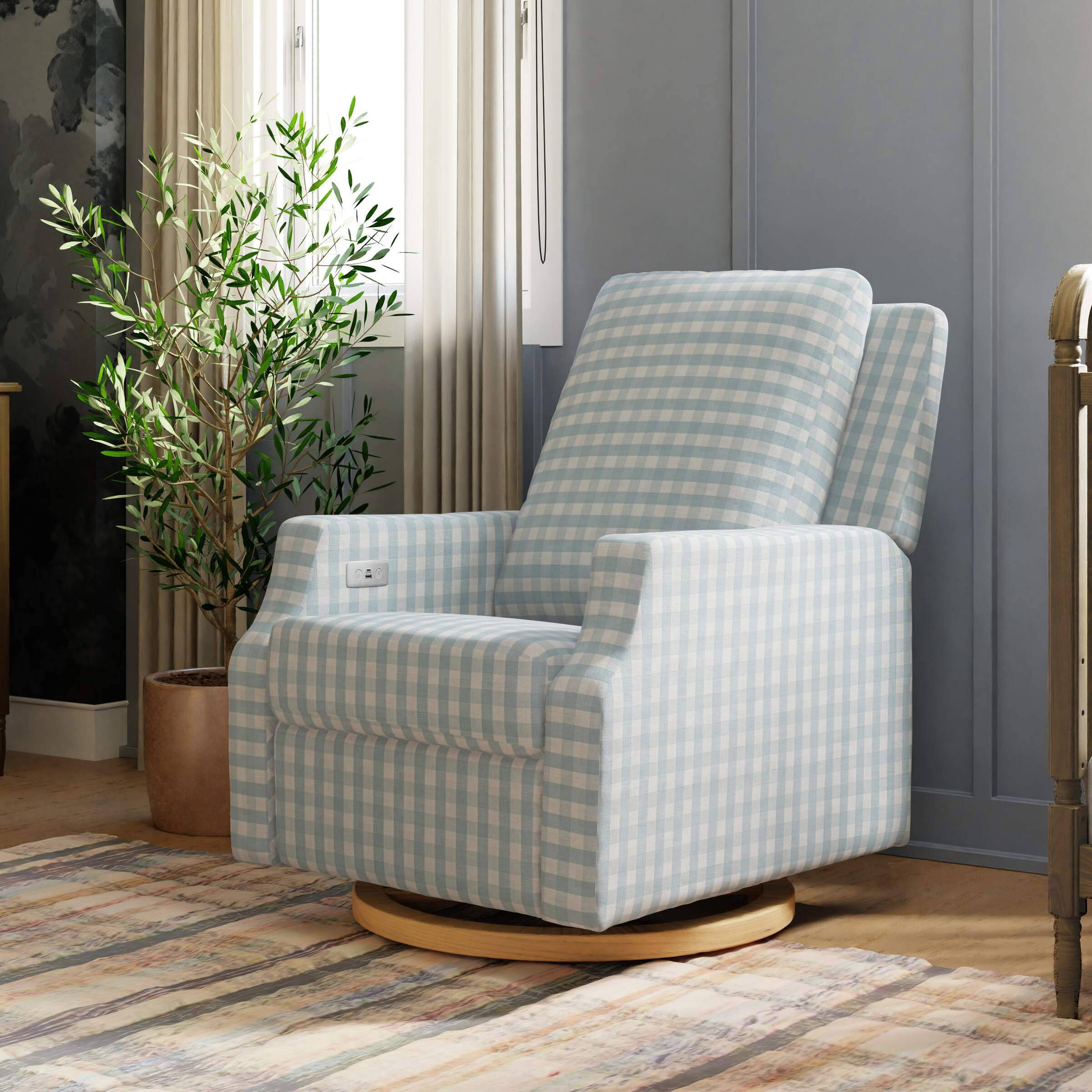 Namesake Crewe Electronic Recliner and Swivel Glider - Blue Gingham With Light Wood Base.
