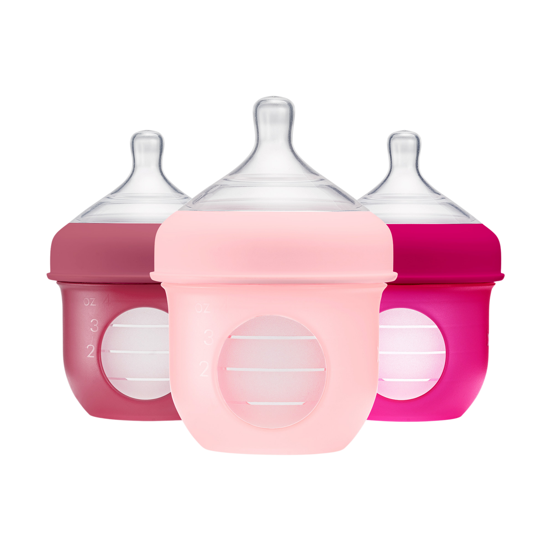 Boon Nursh Reusable Silicone Pouch Baby Bottles - Slow Flow Nipple - Silicone Baby Bottle Pouch and Nipple - Baby Feeding Essentials - Pink - 0-3 Months - 3 Count - 4 Ounce