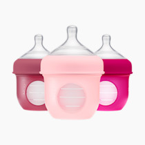 Boon Nursh Reusable Silicone Pouch Baby Bottles - Slow Flow Nipple - Silicone Baby Bottle Pouch and Nipple - Baby Feeding Essentials - Pink - 0-3 Months - 3 Count - 4 Ounce