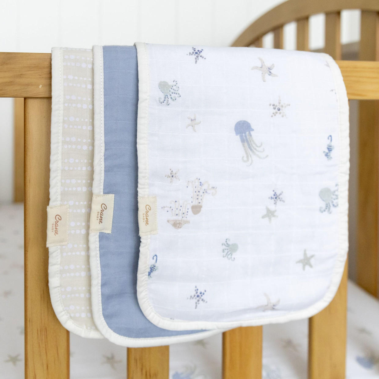 Crane Baby Cotton Muslin and Terry Burp Cloth Set (3 Pack) - Cove Sea Life.
