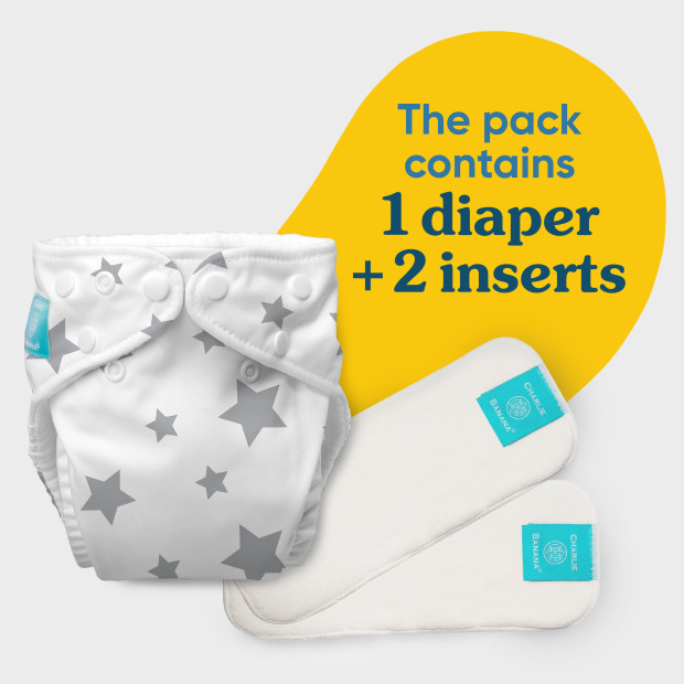 Charlie Banana One-size Reusable Cloth Diaper with 2 Reusable Inserts - White/Grey Stars.