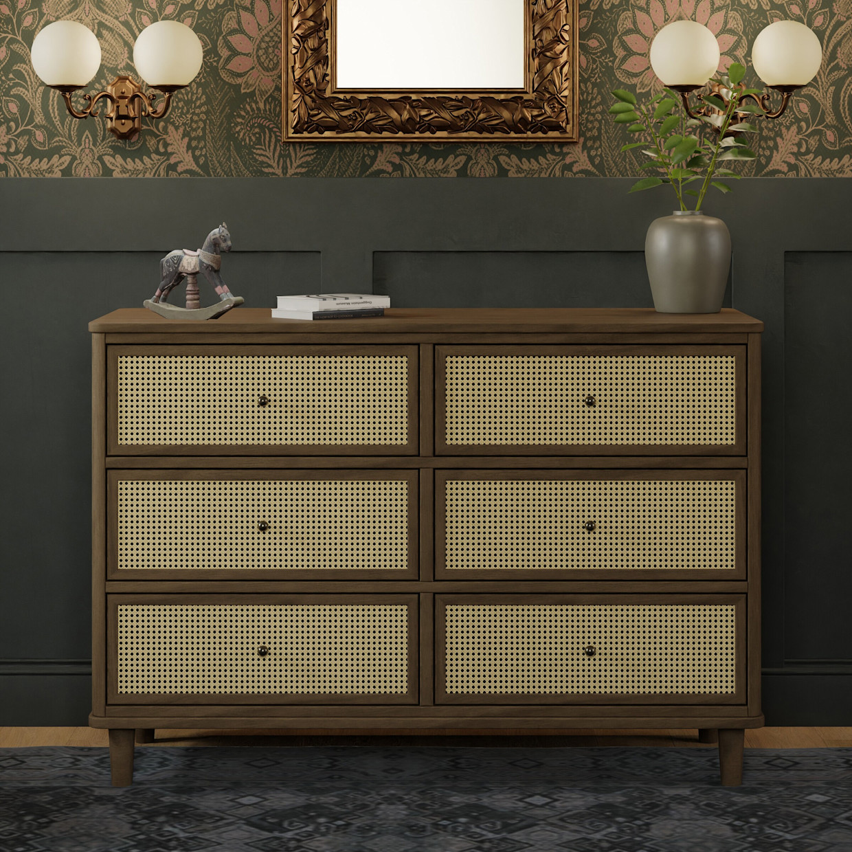 Namesake Marin 6 Drawer Dresser - Natural Walnut With Blonde Cane.