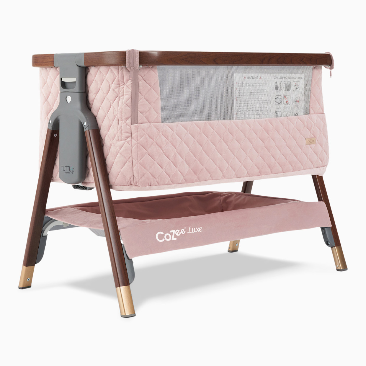 Tutti Bambini CoZee Luxe Bedside Crib - Walnut/Blush Pink.
