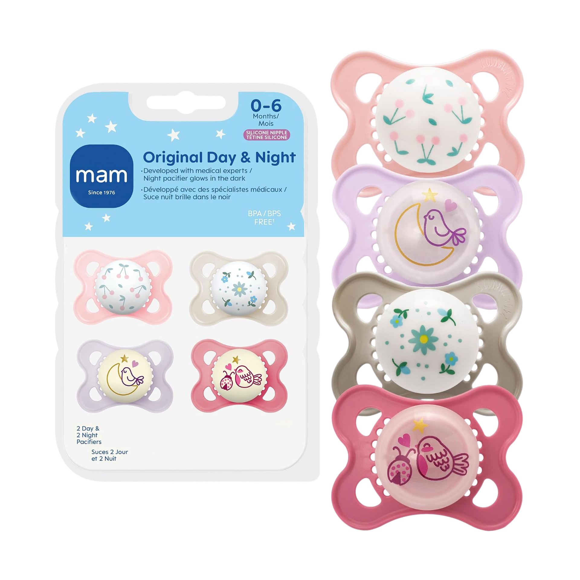 MAM Original Day & Night Pacifiers, Binky Pacifier for 0-6 Months, BPA-Free Silicone, Glows in The Dark, Best for Newborn Babies, Developed with Medical Experts, 4 Count Binkies