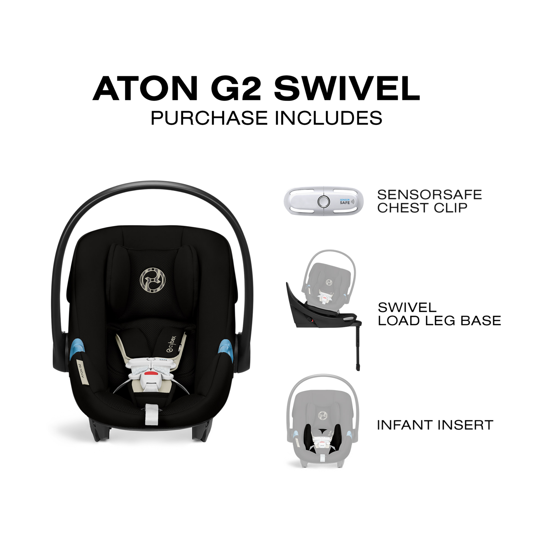 Cybex Aton G2 Swivel Infant Car Seat with Load Leg Base - Moon Black.