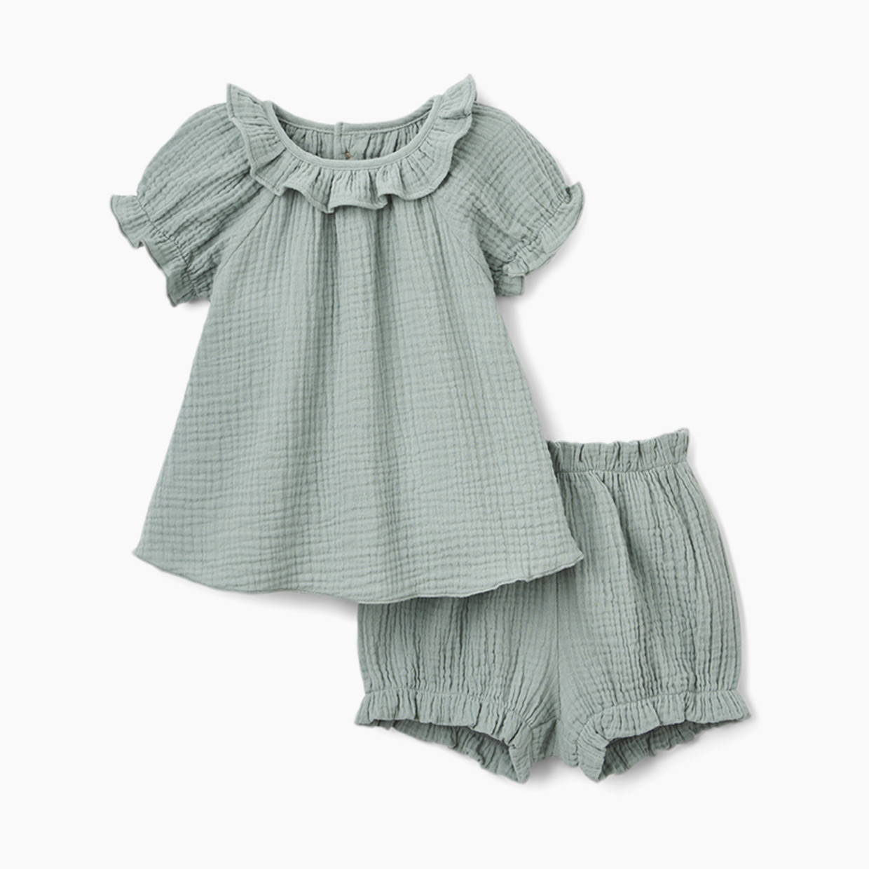 Elegant Baby Organic Muslin Collared Dress & Bloomer Set - Light Sage, 3-6 M.