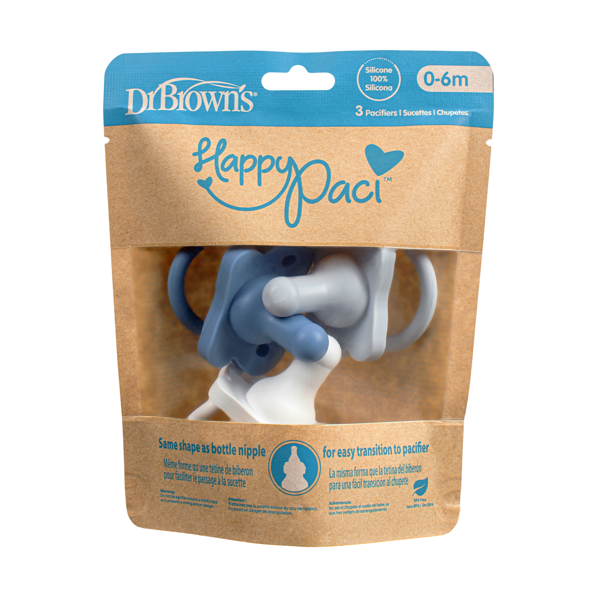Dr. Brown's HappyPaci One-Piece Silicone Pacifier (3 Pack) - Blue, Light Blue.