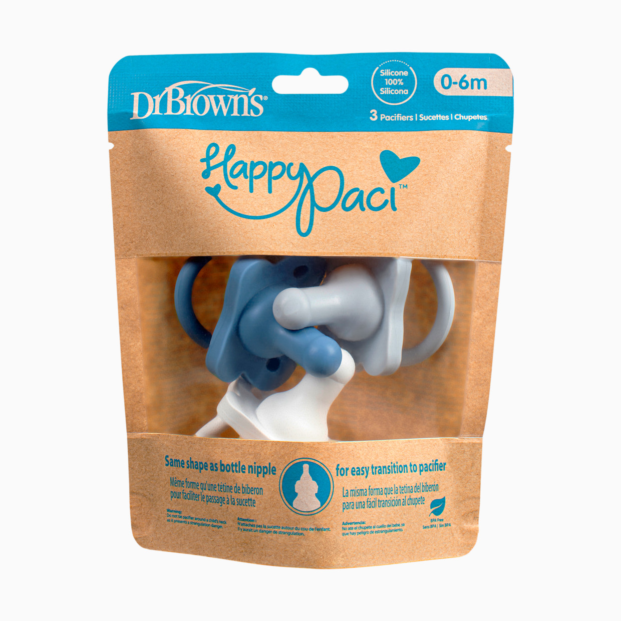 Dr. Brown's HappyPaci One-Piece Silicone Pacifier (3 Pack) - Blue, Light Blue.