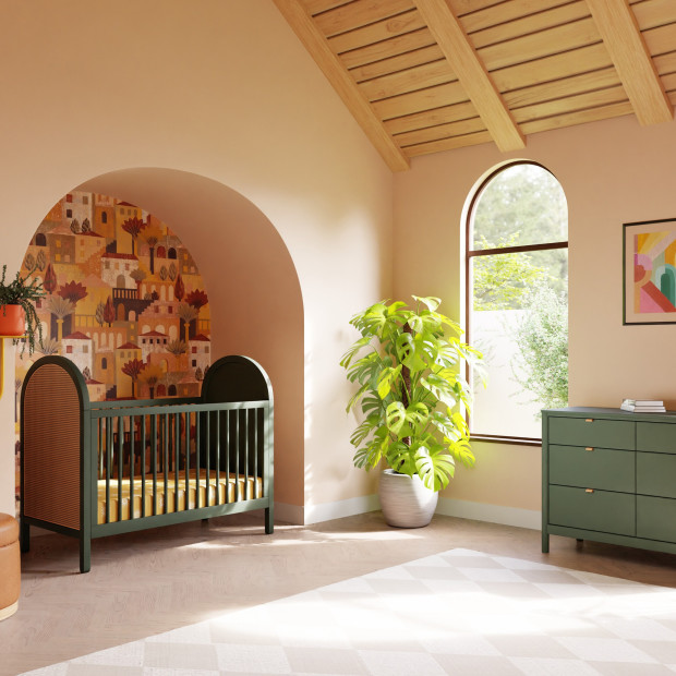 babyletto Bondi Cane 3-in-1 Convertible Crib - Forest Green With Natural Cane.