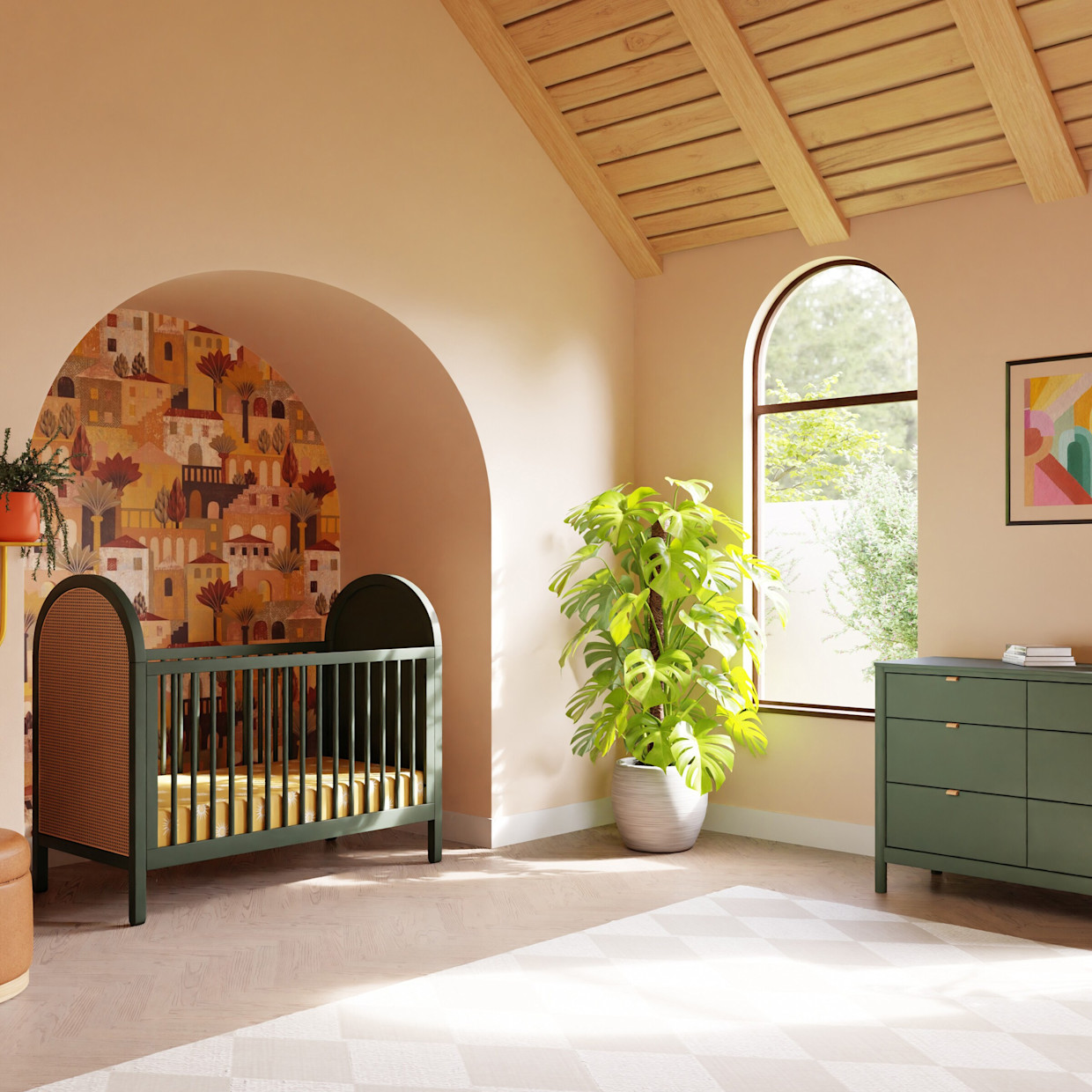 babyletto Bondi 3-in-1 Convertible Crib with Toddler Bed Conversion Kit - Forest Green With Natural Cane.