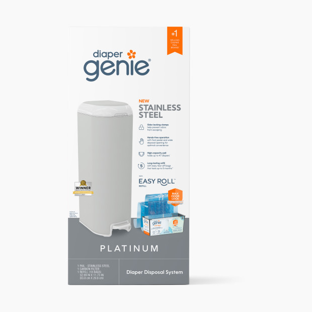 Diaper Genie Platinum Stainless Steel Diaper Pail with Easy Roll Refill Bags - Grey, Unscented.