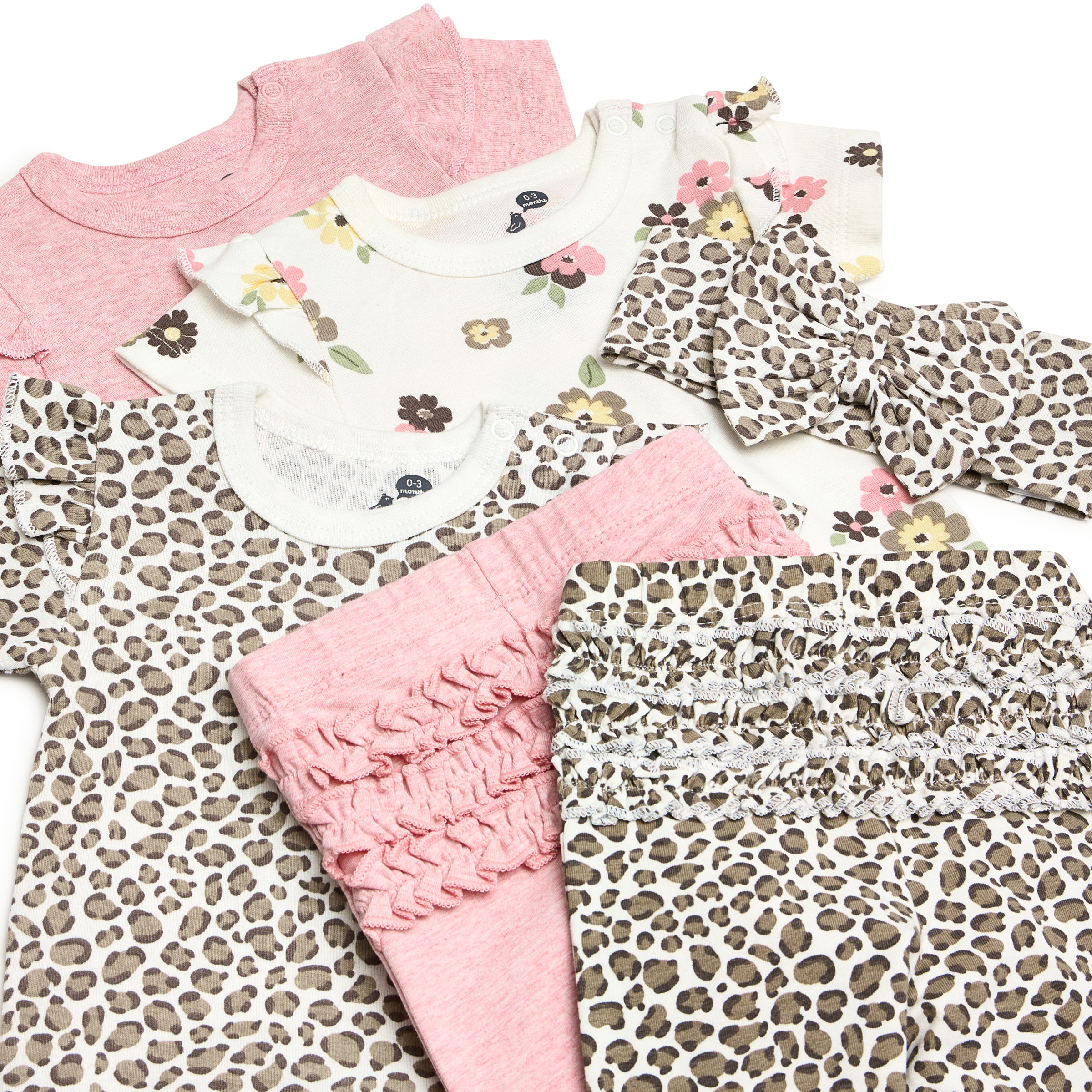 Small Story Organic Cotton Ruffle Bodysuit, Pant & Headband 6-Piece Set - Leopard, Floral & Pink, 3-6 M.